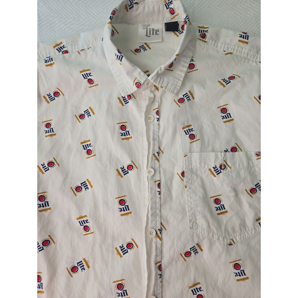 Miller Lite Beer Can Print Button Up Short Sleeve Shirt Men's Medium - Picture 2 of 8